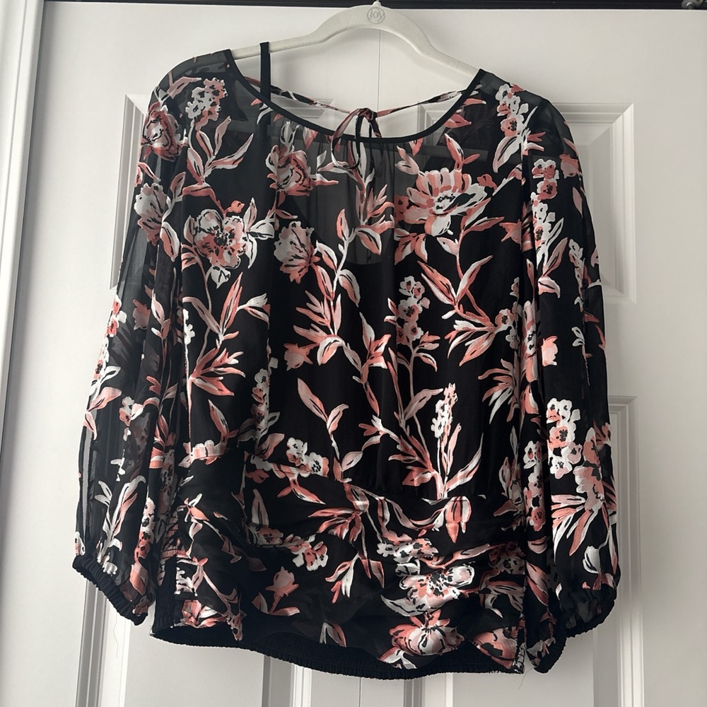 White House Black Market Black and Pink Floral Blouse